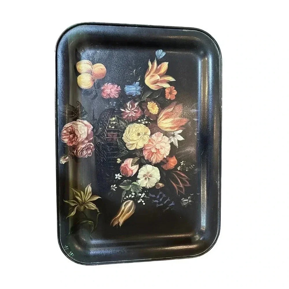 Vintage Metal Tray Black Floral Flowers Breakfast Lap Serving Work‎ Tray - Picture 3 of 6